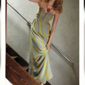 Strapless Yellow & Blue Plaid Maxi Dress